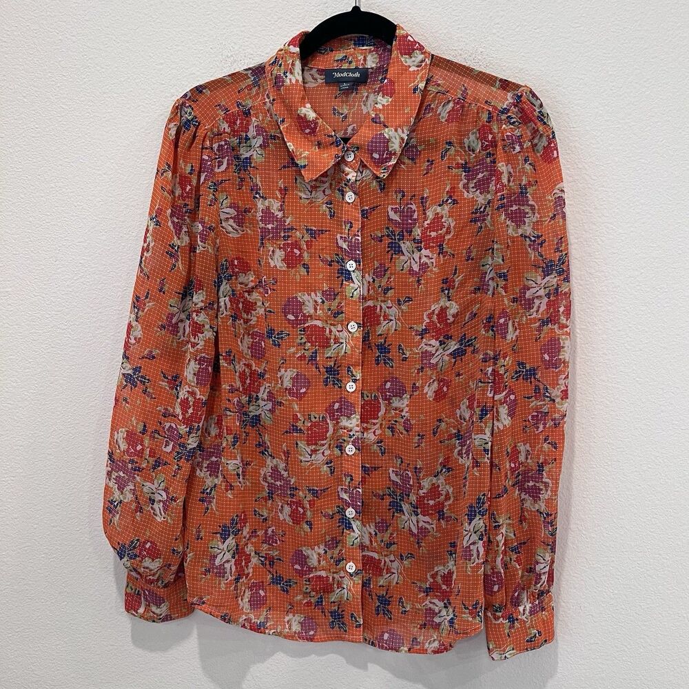 ModCloth Top Button Down Shirt Women L Orange Floral Shirt Buzzworthy Collared